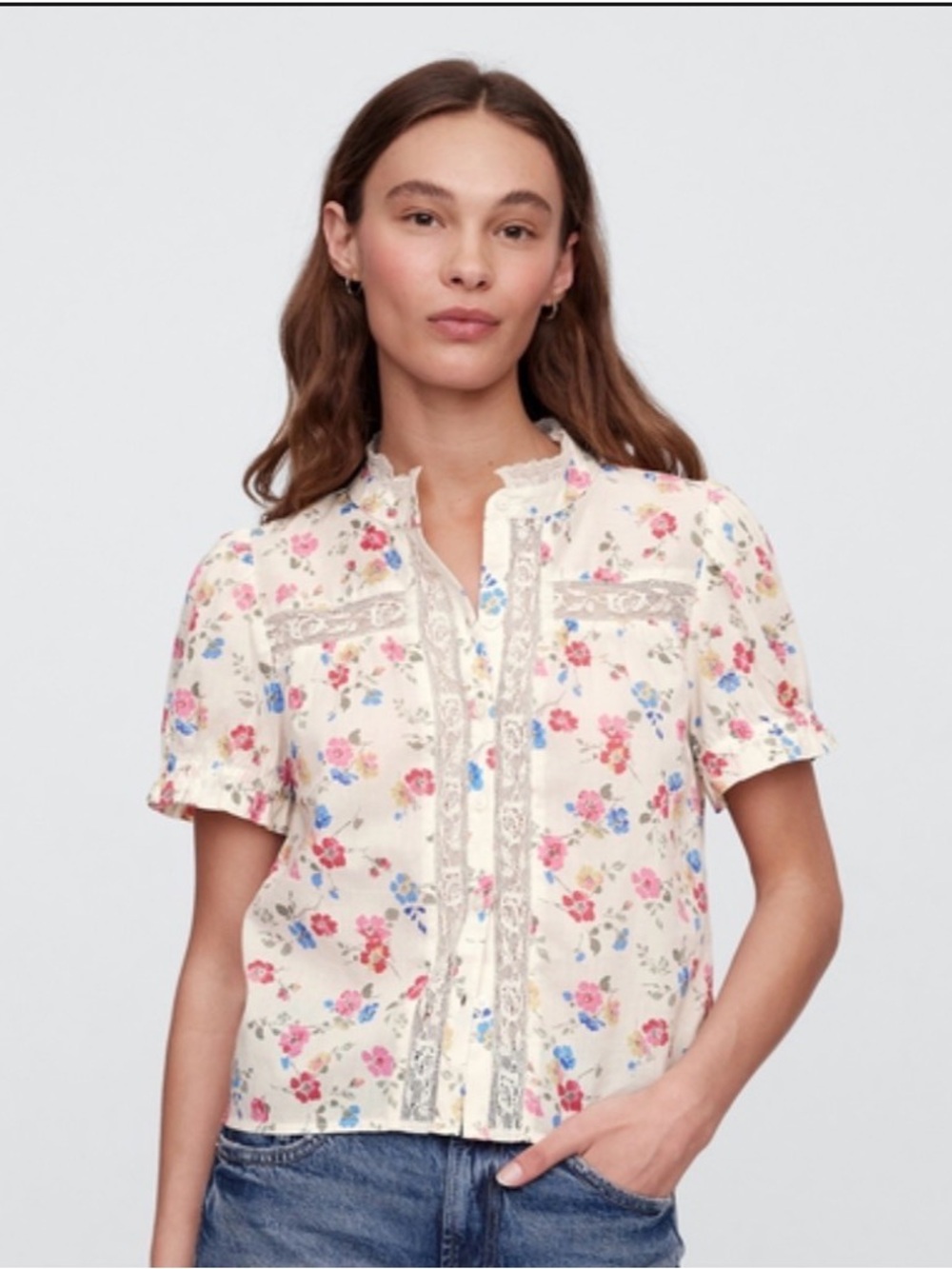 Gap Relaxed Lace Puff  Floral Lace-Trim Short‎ Sleeve Blouse - Cream Size M